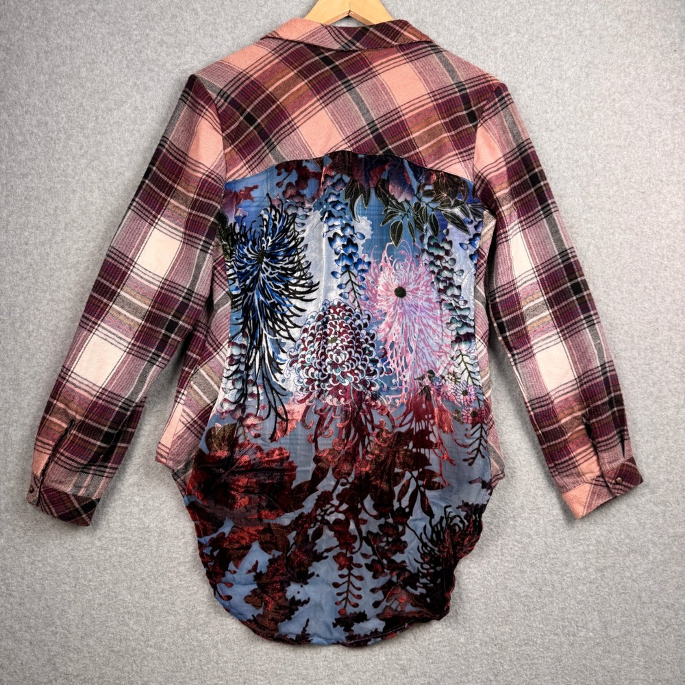 Aratta Silent Journey Plaid Shirt Womens Large Burnout Velvet Floral Artsy Boho